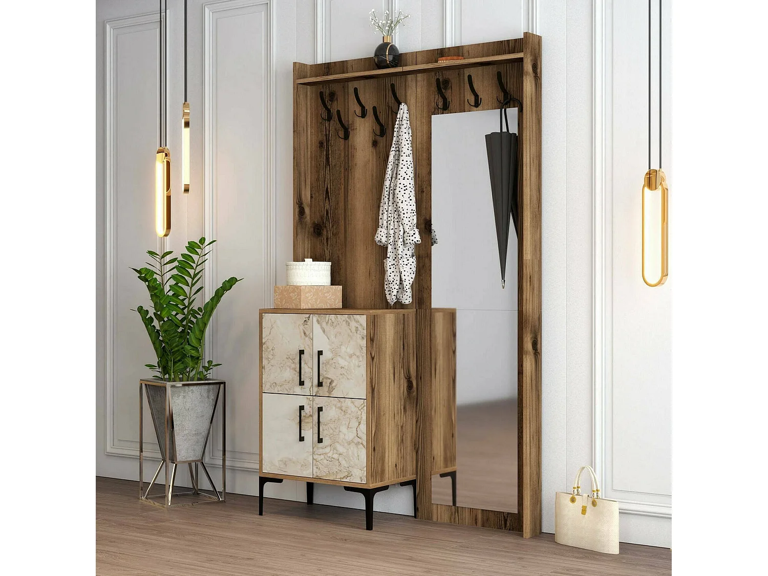 Muebles de entrada Dperron, Entrada para perchas, Composición para atrio, Consola de almacenamiento multifunción, 120x35h200 cm, Nogal y Blanco