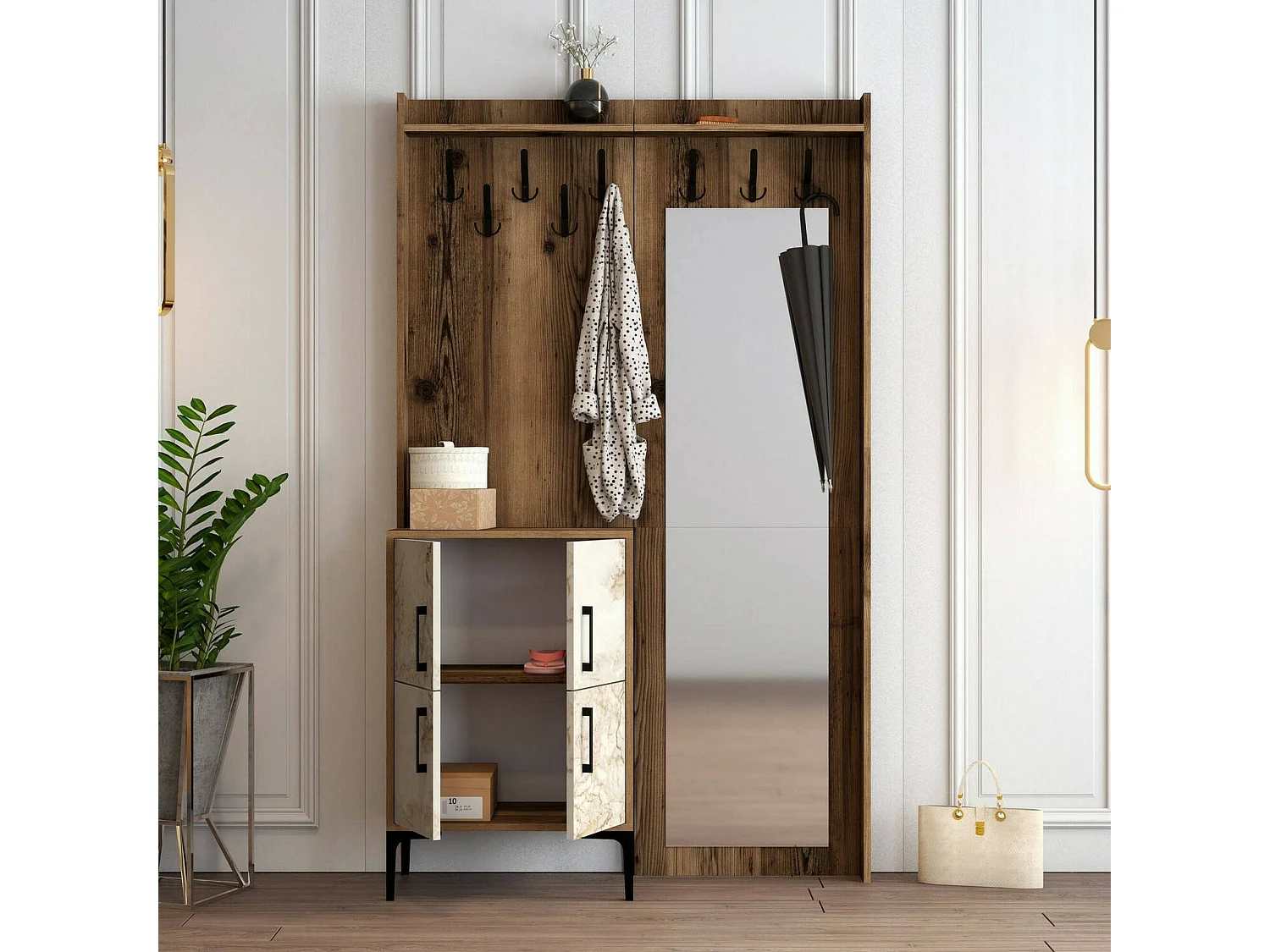 Muebles de entrada Dperron, Entrada para perchas, Composición para atrio, Consola de almacenamiento multifunción, 120x35h200 cm, Nogal y Blanco