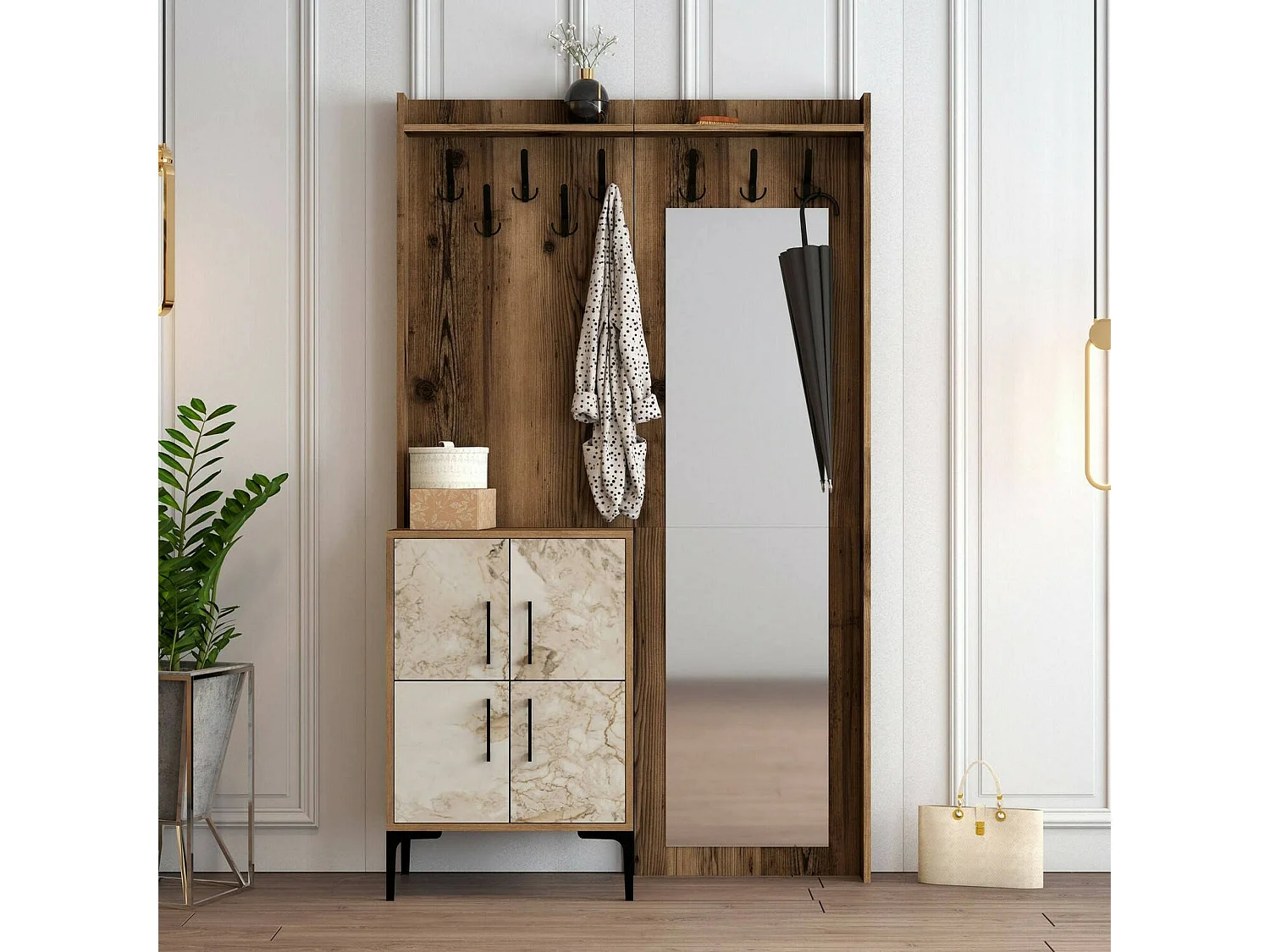 Muebles de entrada Dperron, Entrada para perchas, Composición para atrio, Consola de almacenamiento multifunción, 120x35h200 cm, Nogal y Blanco