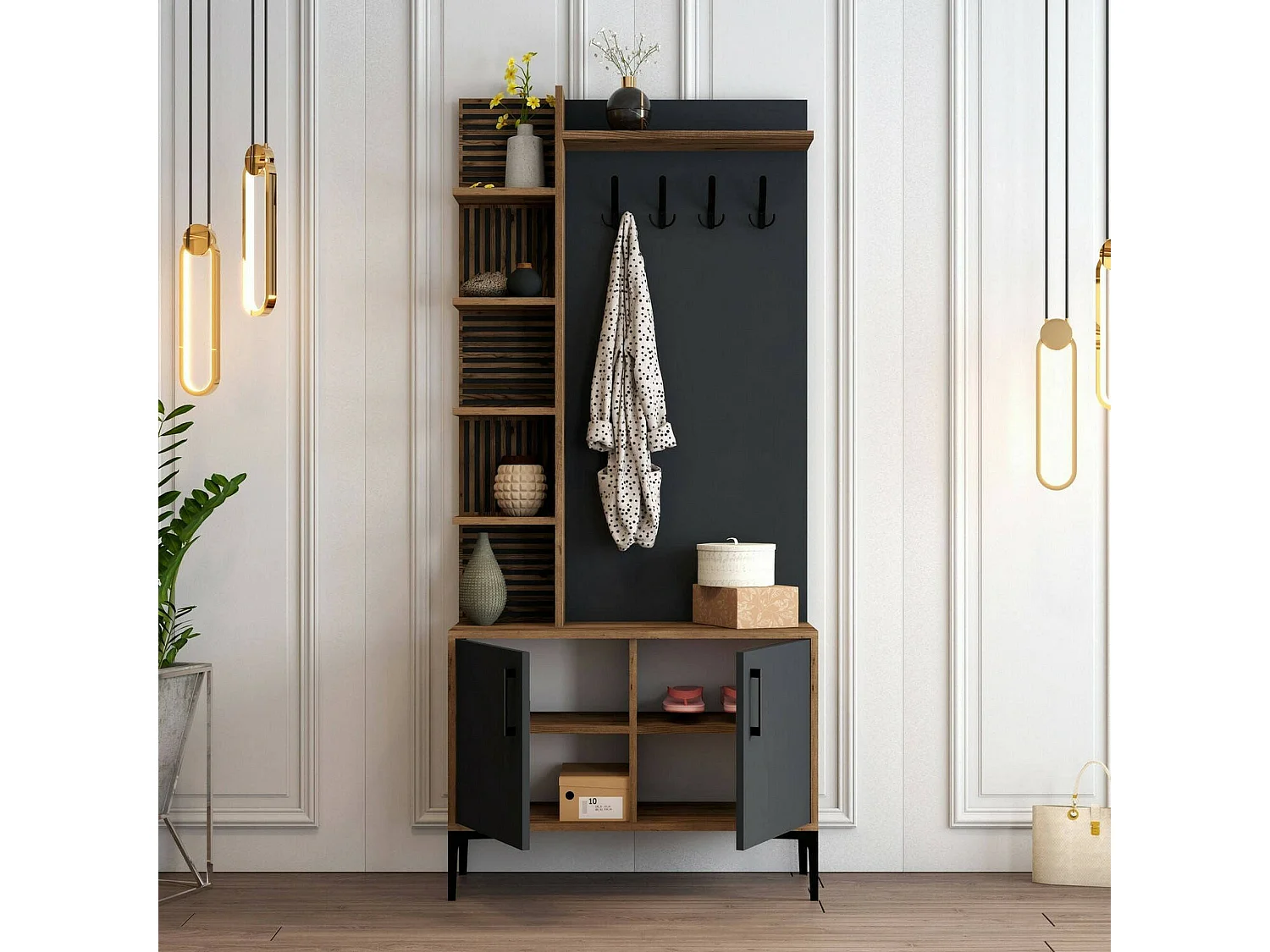 Meuble d'entrée Calista, Crochet d'entrée, Composition pour l'atrium, Console de rangement multifonction, 90x35h200 cm, Noyer et Anthracite