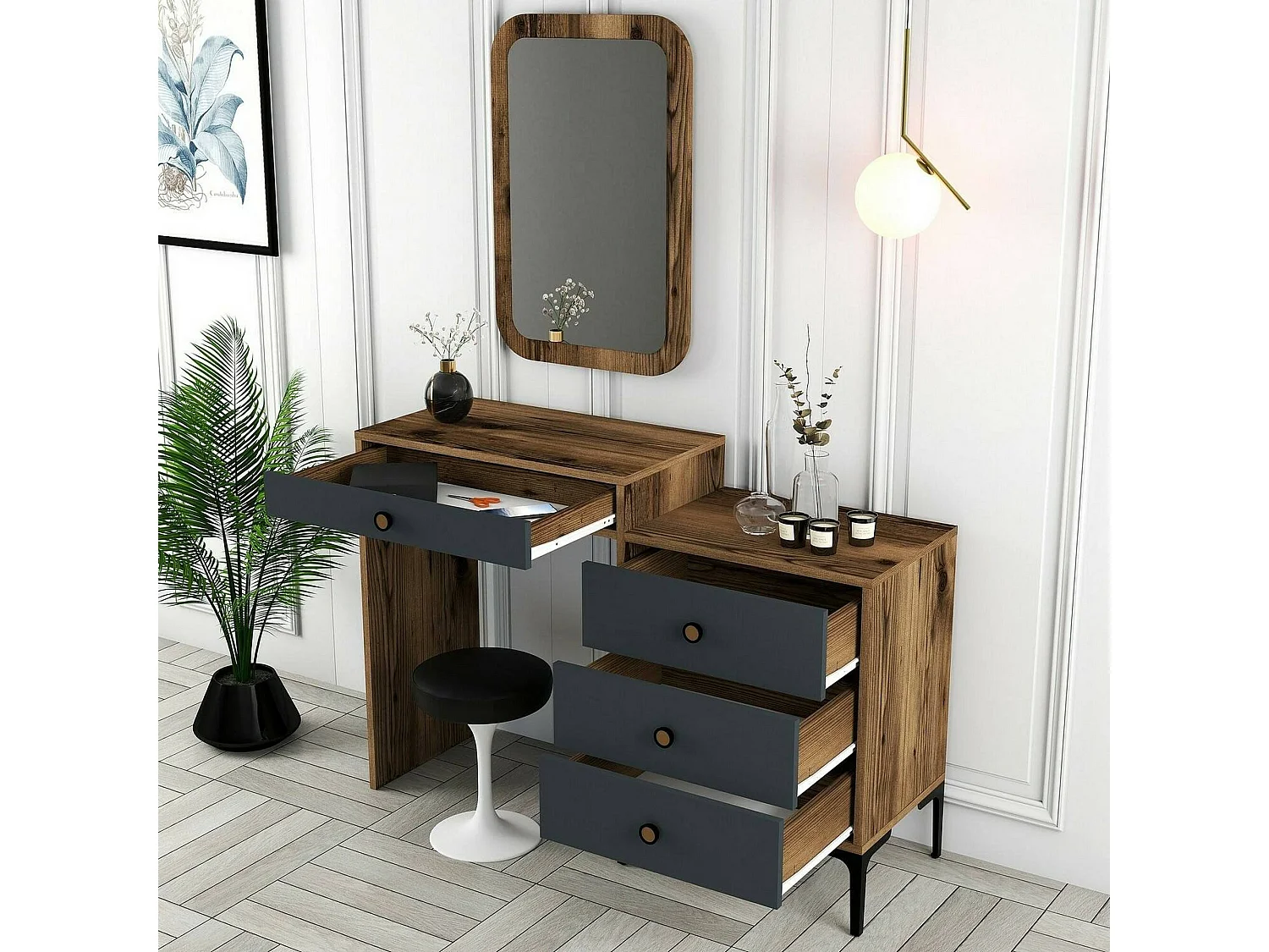 Consola Dpasqu, Mesa multiusos, Gabinete de soporte, Escritorio de pasillo, 124x40 h85 cm, Nogal y Antracita