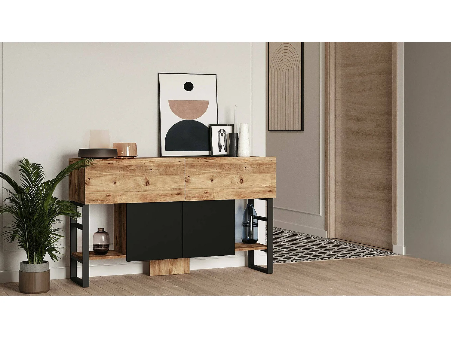 Console Helene, Table polyvalente, Armoire de rangement, Bureau du couloir, 139x43 h84 cm, Chêne