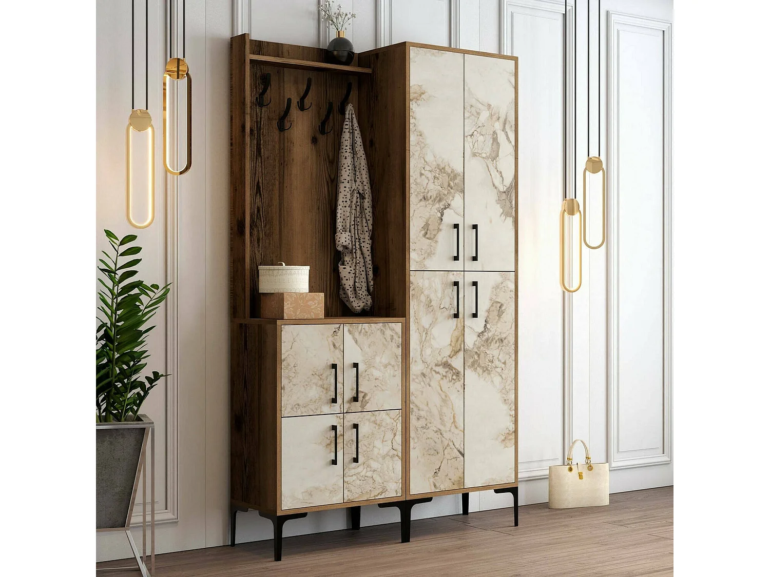 Meuble d'entrée Castor, Crochet d'entrée, Composition pour l'atrium, Console de rangement multifonction, 120x35h200 cm, Noyer et Marbre Blanc