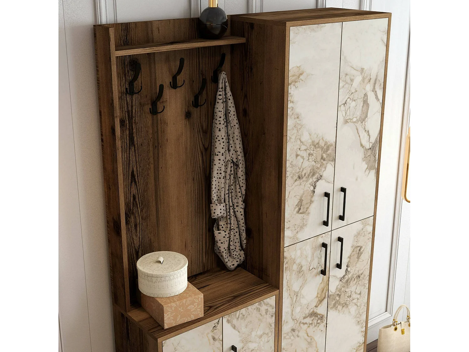 Meuble d'entrée Castor, Crochet d'entrée, Composition pour l'atrium, Console de rangement multifonction, 120x35h200 cm, Noyer et Marbre Blanc