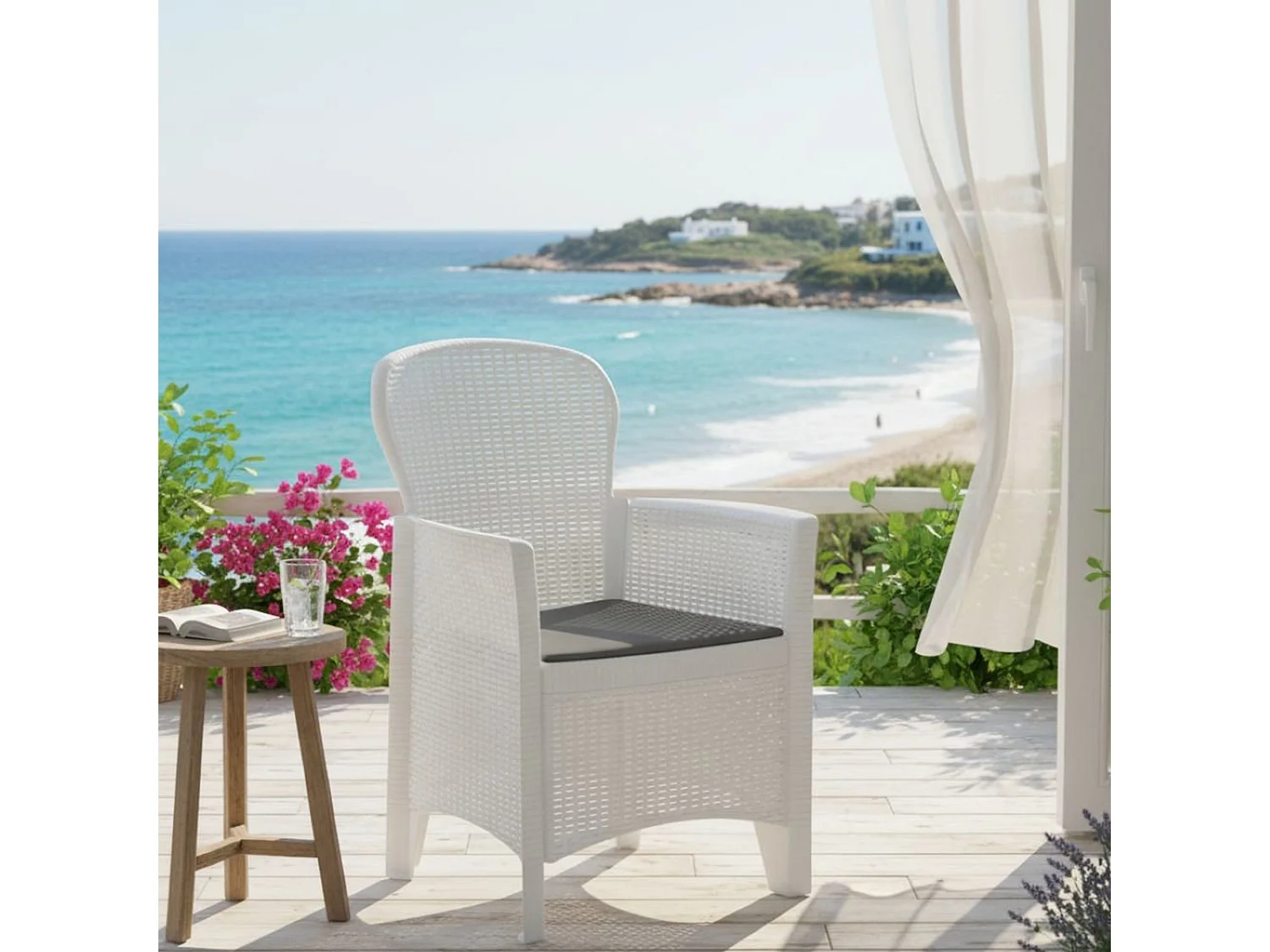 Chaise d'extérieur Como, Siège de jardin, Fauteuil d'extérieur effet rotin, 100% Made in Italy, 60x58h89 cm, Blanc