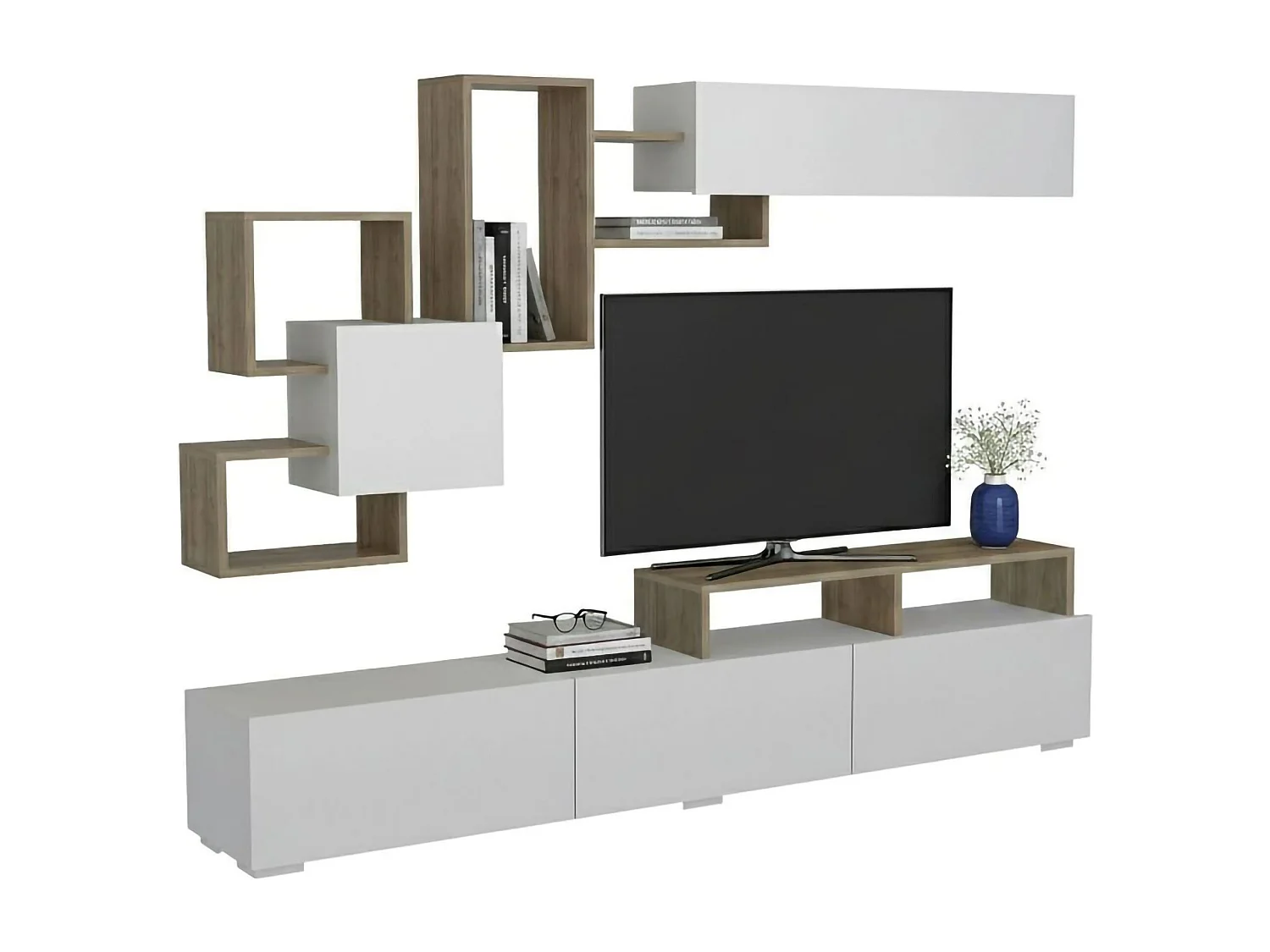 Dpiovan uitgeruste muur, Woonkamer samenstelling, Multifunctionele woonkamer kast, TV kast, 210x37h47 cm, Wit en Walnoot