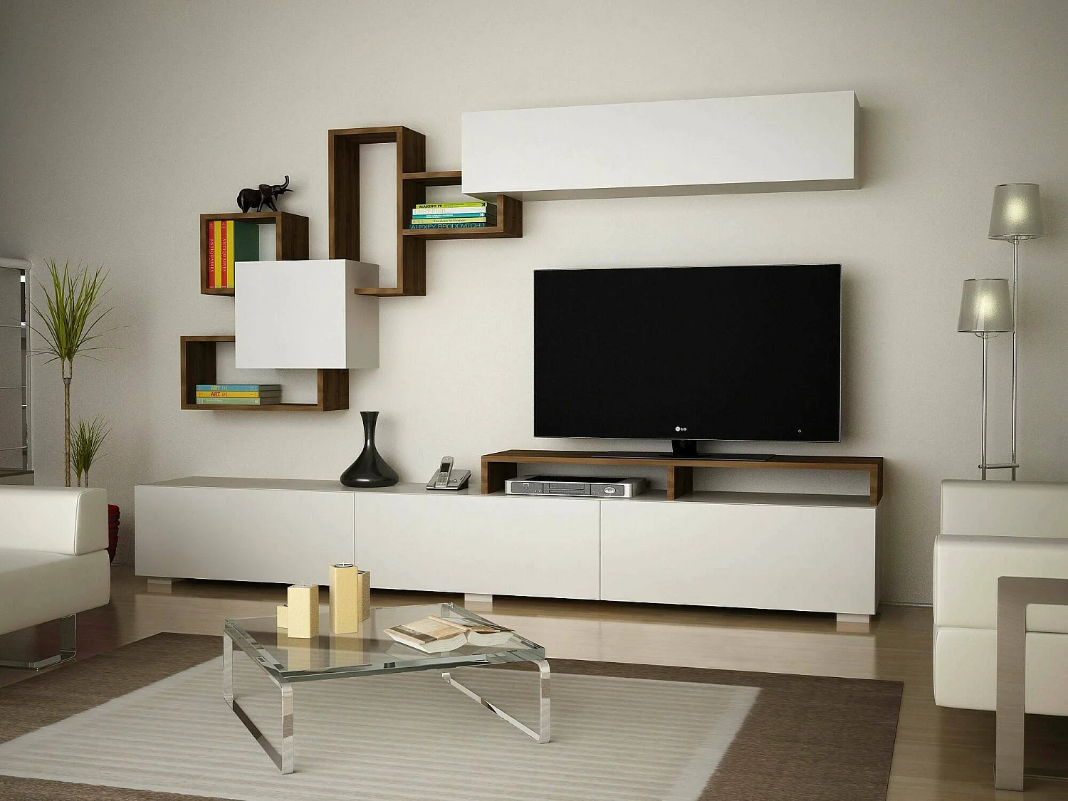 Dpiovan uitgeruste muur, Woonkamer samenstelling, Multifunctionele woonkamer kast, TV kast, 210x37h47 cm, Wit en Walnoot