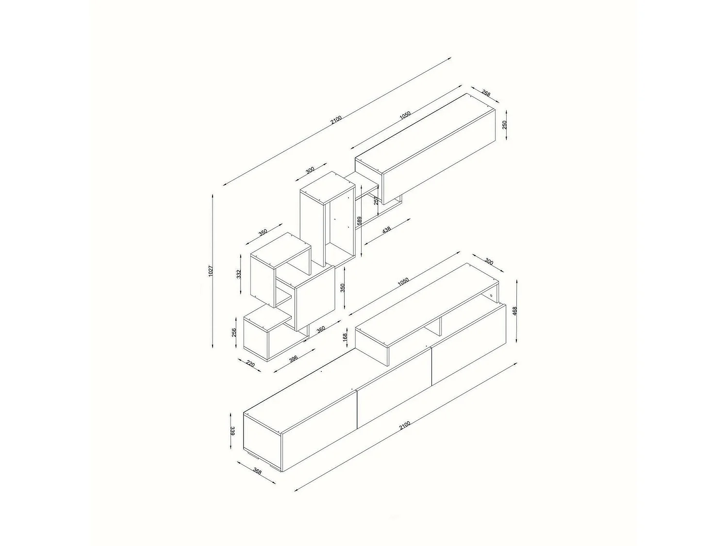 Dpiovan uitgeruste muur, Woonkamer samenstelling, Multifunctionele woonkamer kast, TV kast, 210x37h47 cm, Wit en Walnoot