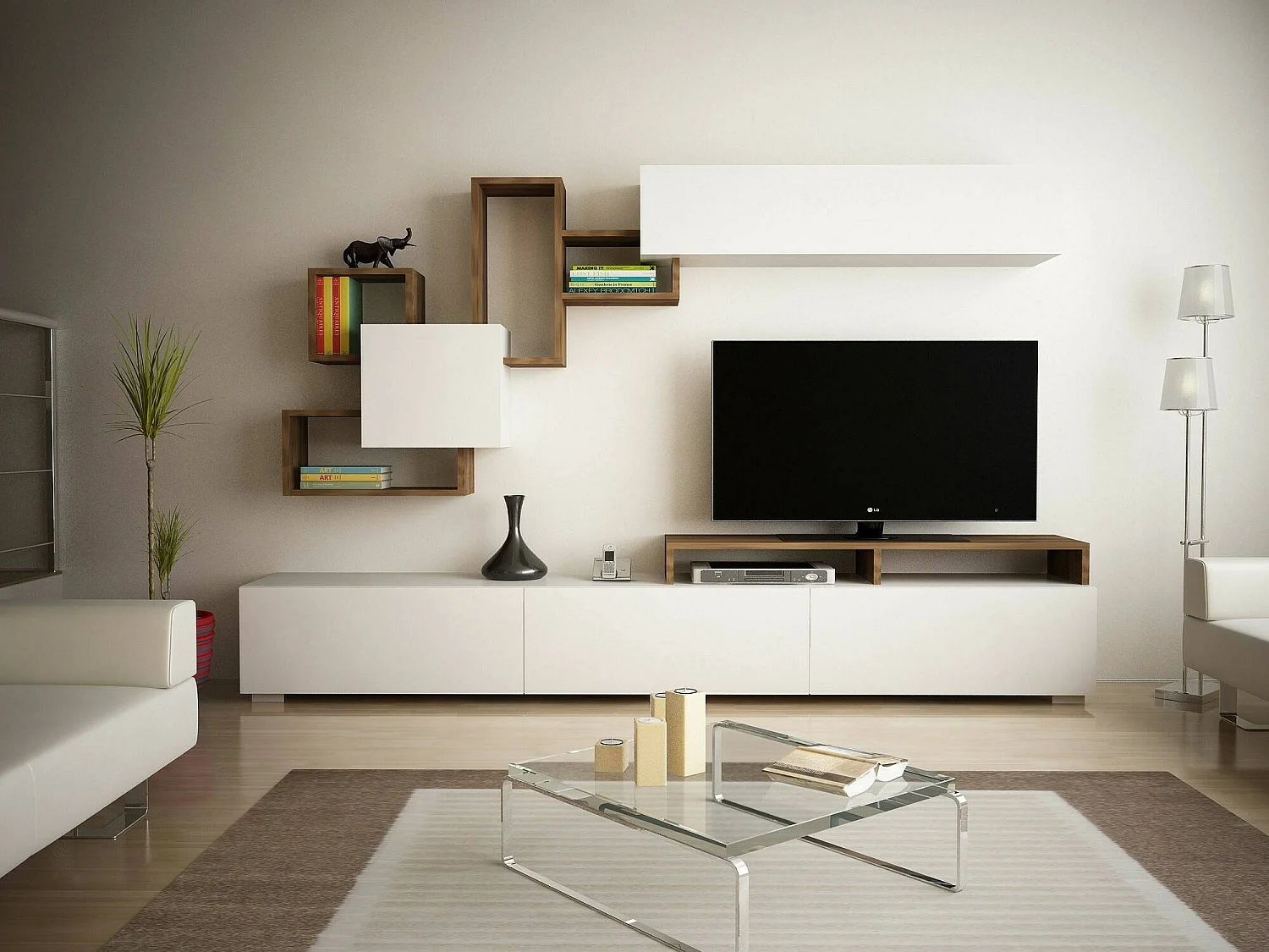 Dpiovan uitgeruste muur, Woonkamer samenstelling, Multifunctionele woonkamer kast, TV kast, 210x37h47 cm, Wit en Walnoot