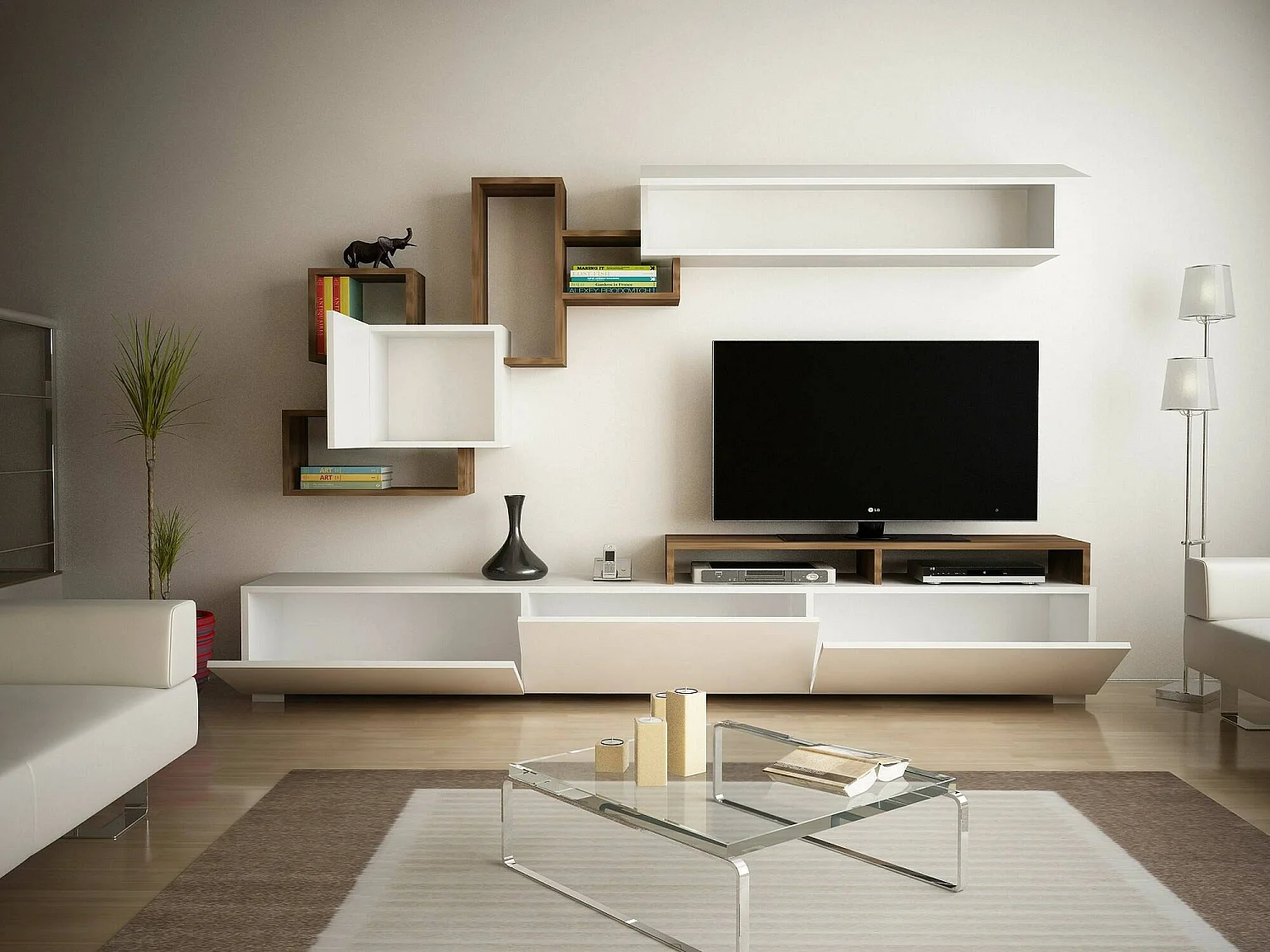 Dpiovan uitgeruste muur, Woonkamer samenstelling, Multifunctionele woonkamer kast, TV kast, 210x37h47 cm, Wit en Walnoot