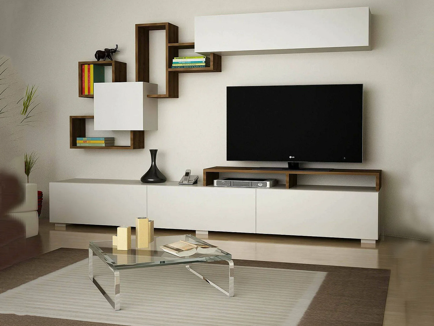 Meuble Mural Thalassa, Composition du salon, Meubles de salon polyvalents, Meuble télé, 210x37h47 cm, Blanc et Noyer