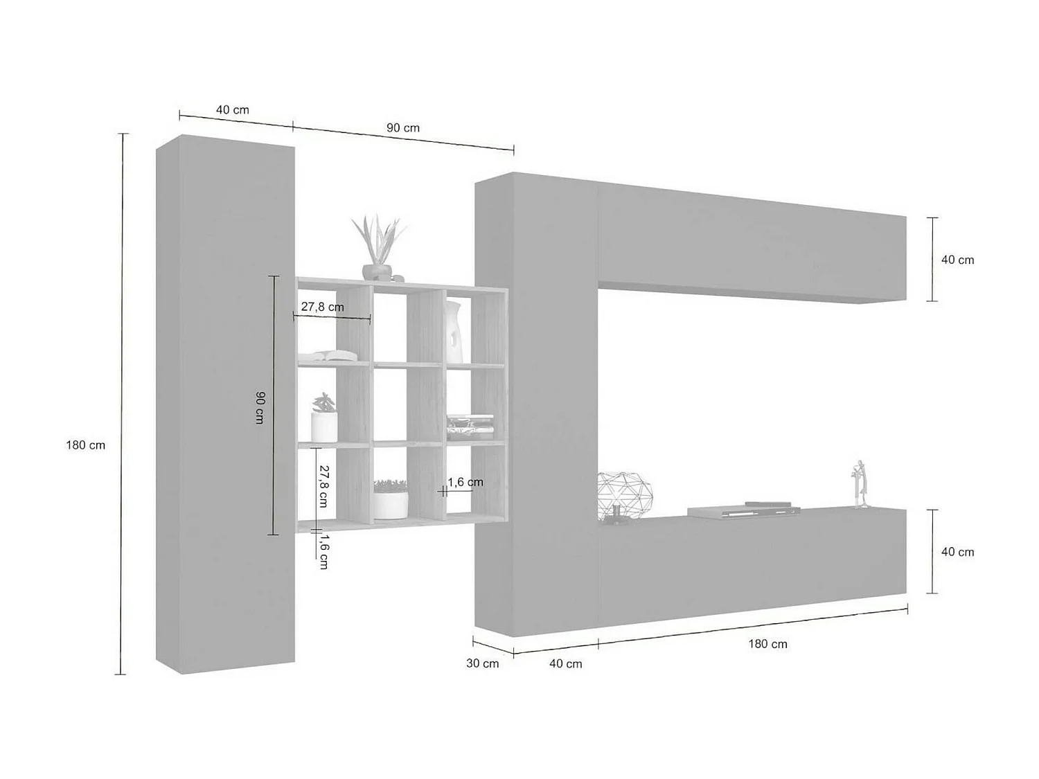 Dmora Wandmeubel Gualtiero 30x350x180h cm Hoogglans Wit, 20 Planken, Klap- en Schuifdeuren, 4 Deuren Made in Italy