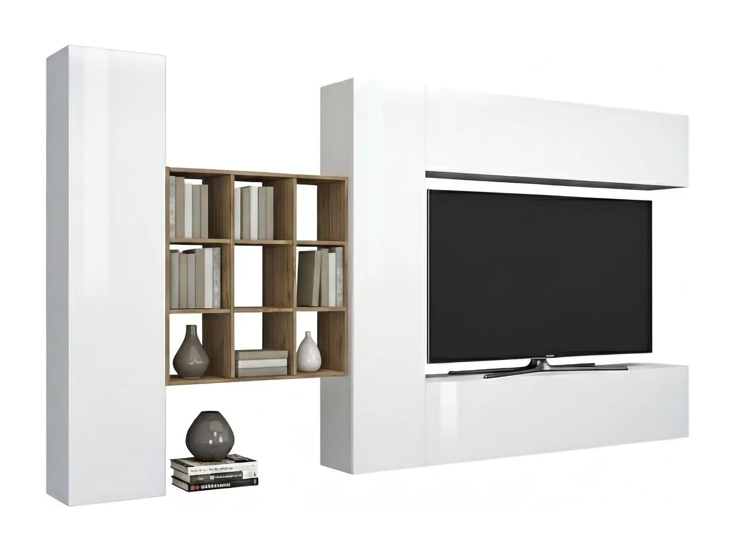 Sistema de parede Gualtiero, conjunto de sala de TV com 4 portas, móveis de sala multiuso, 100% Fabricado na Itália, 350x30h180 cm, Branco brilhante