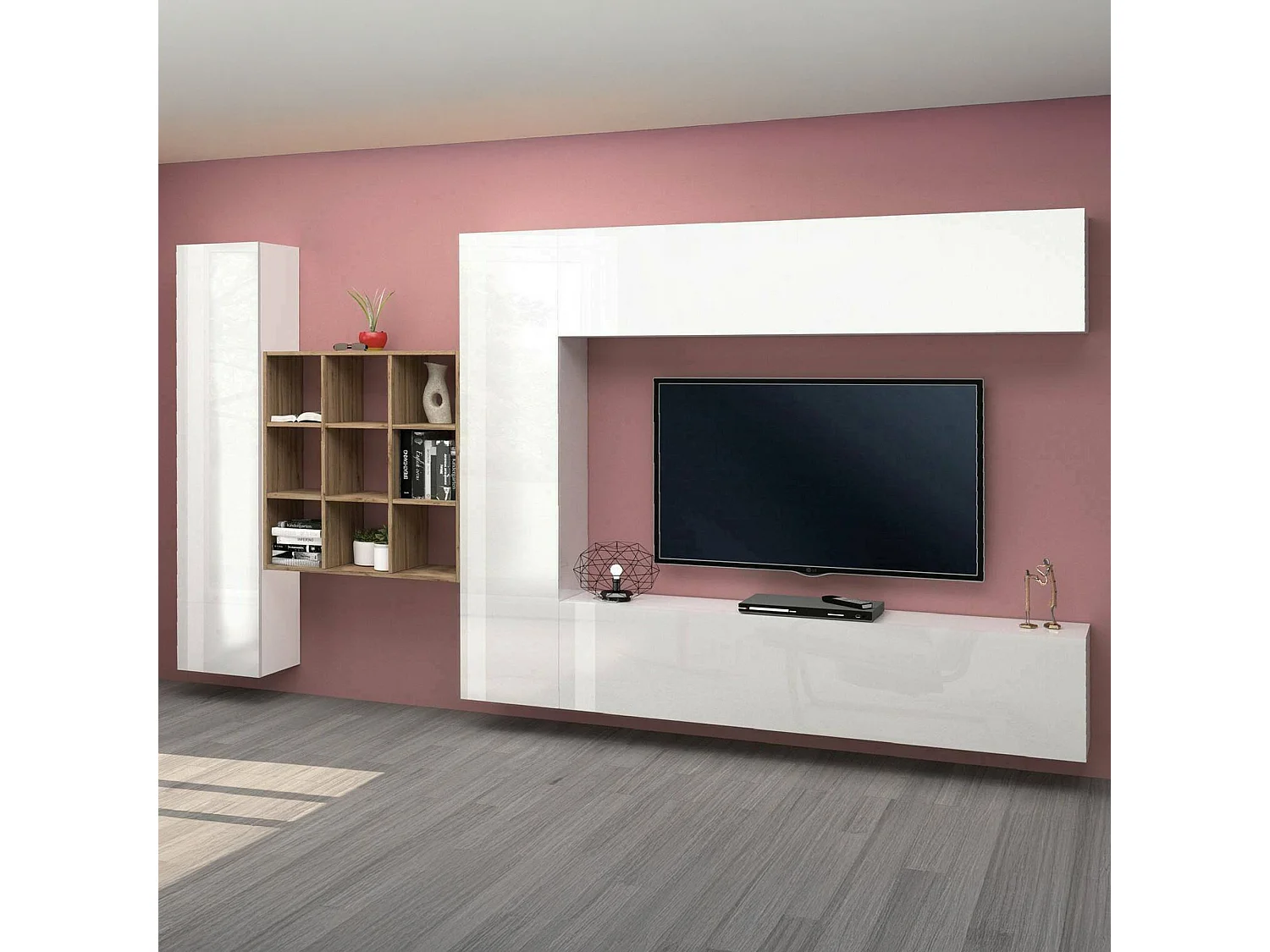 Pared Equipada Gualtiero, Conjunto de salón Mueble TV con 4 puertas, Mueble de salón polivalente, 100% Made in Italy, cm 350x30h180, Blanco brillante
