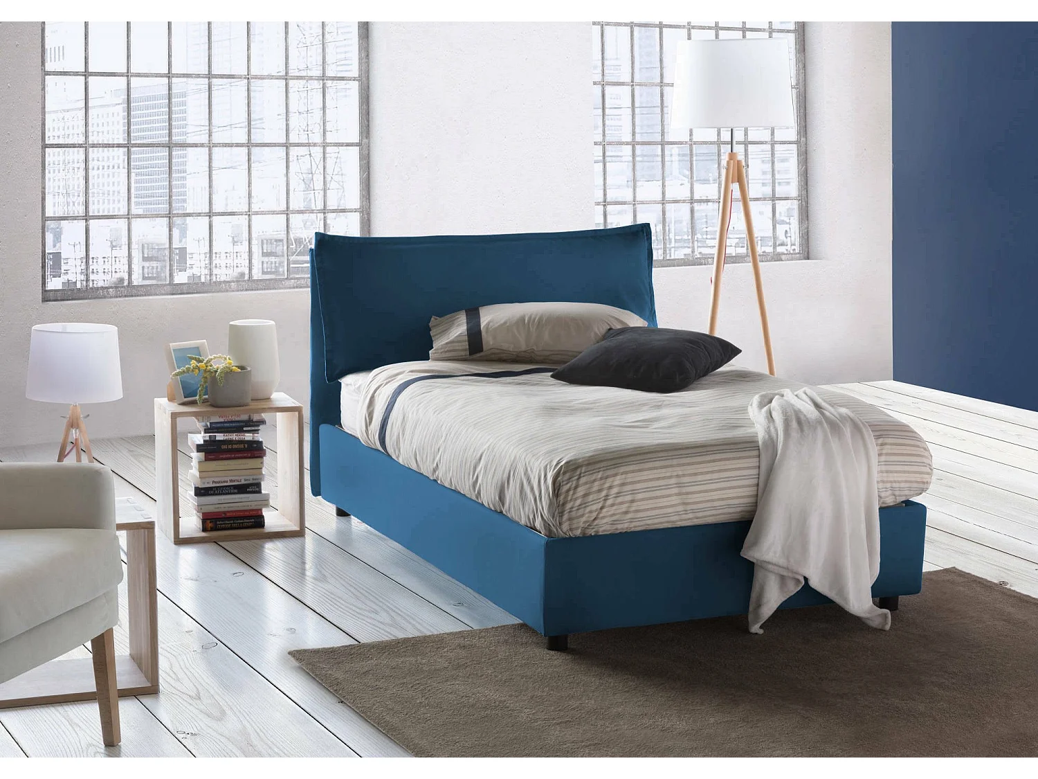 Lit double Dbegi, lit coffre avec revêtement en tissu, 100% Made in Italy, ouverture frontale, adapté pour matelas 120x200 cm, bleu