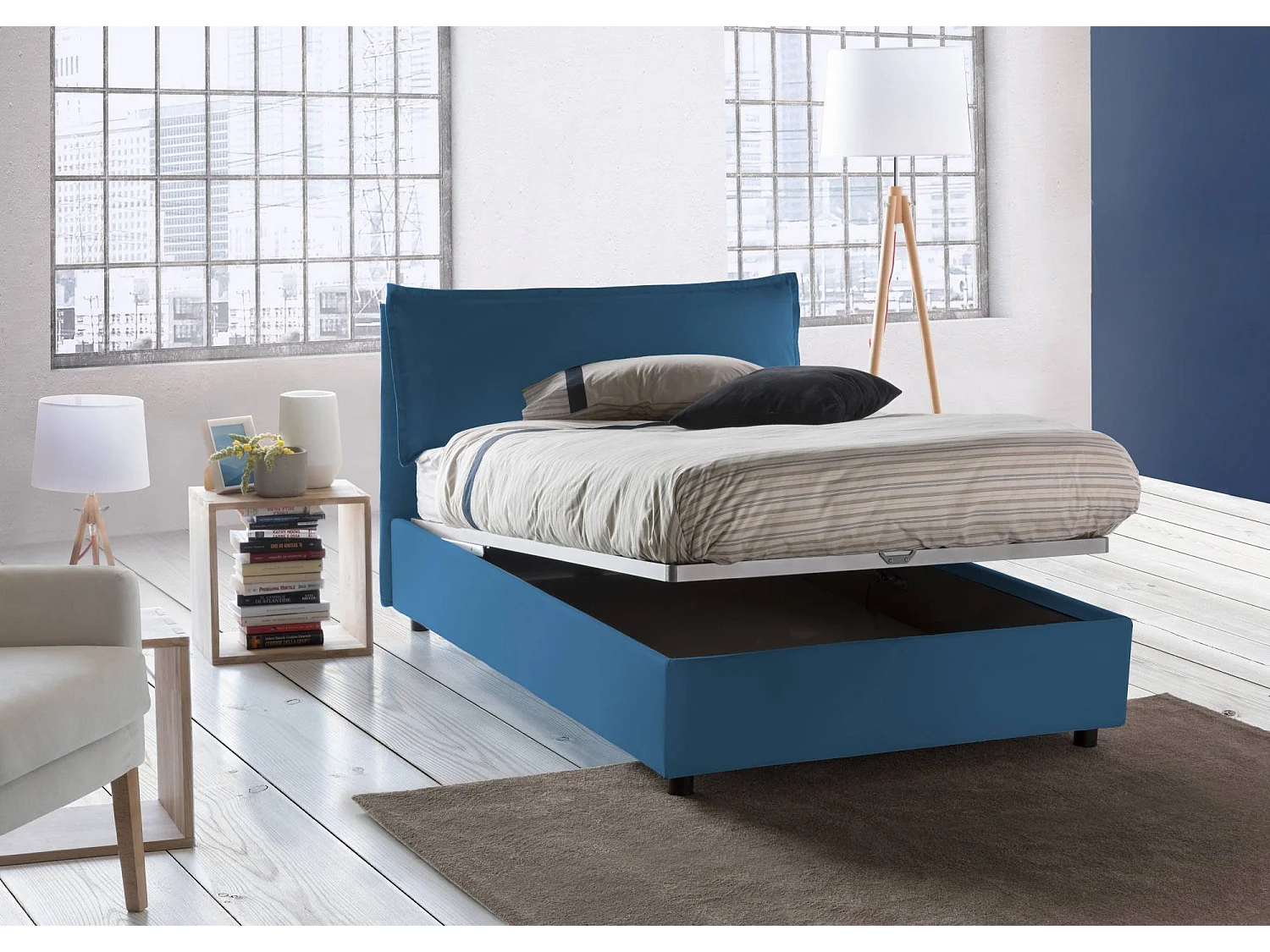 Lit double Dbegi, lit coffre avec revêtement en tissu, 100% Made in Italy, ouverture frontale, adapté pour matelas 120x200 cm, bleu