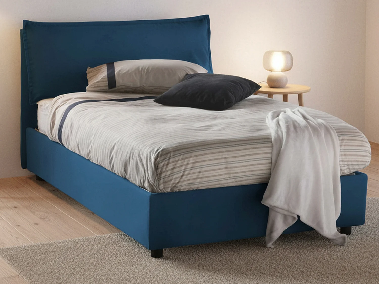Lit double Dbegi, lit coffre avec revêtement en tissu, 100% Made in Italy, ouverture frontale, adapté pour matelas 120x200 cm, bleu