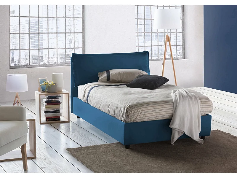 Lit double Dbegi, lit coffre avec revêtement en tissu, 100% Made in Italy, ouverture frontale, adapté pour matelas 120x200 cm, bleu
