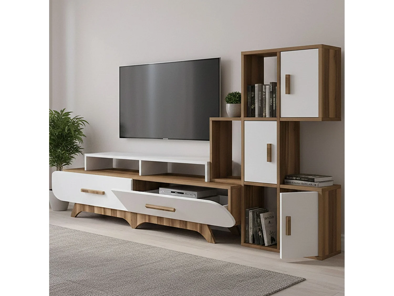 Wandgerust Dporchi, Woonkamersamenstelling, Multifunctionele woonkamerkast, TV kast, 205x37h50 cm, Walnoot en Wit