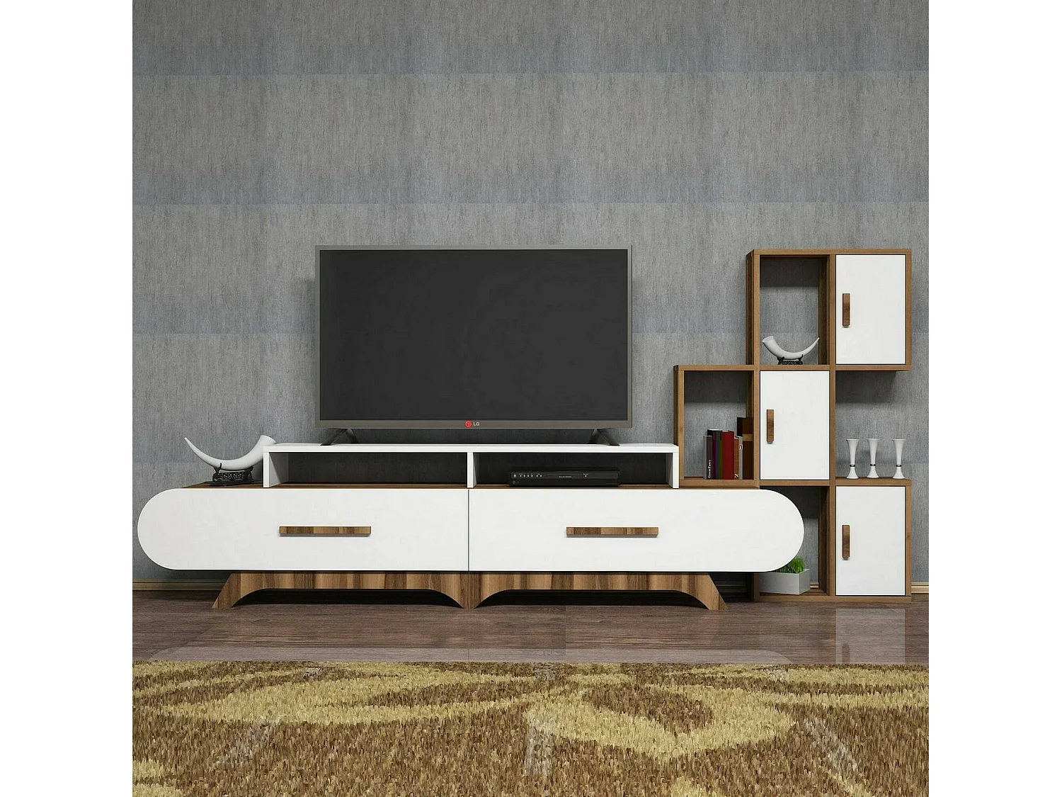 Wohnzimmermöbel Dporchi, Modulares Wohnzimmerset, Mehrzweck-Wohnzimmermöbel, Moderner TV-Schrank, 205x37h50 cm, Walnuss und WeiÃŸ