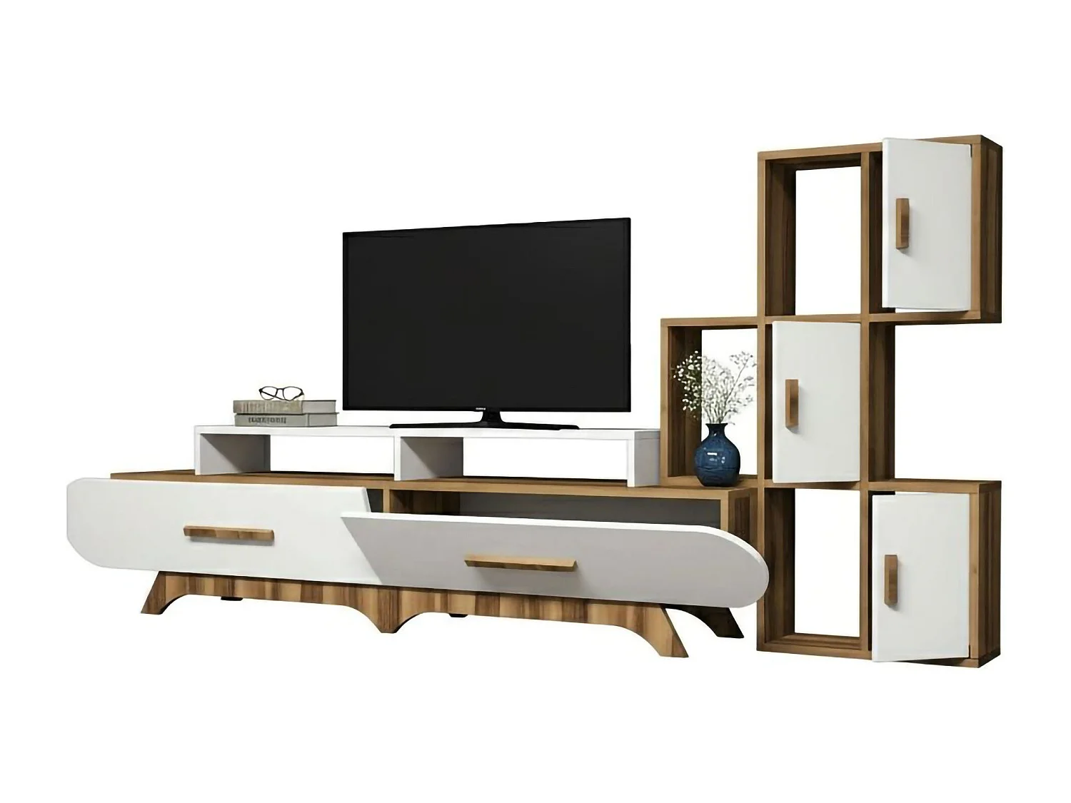 Wohnzimmermöbel Dporchi, Modulares Wohnzimmerset, Mehrzweck-Wohnzimmermöbel, Moderner TV-Schrank, 205x37h50 cm, Walnuss und WeiÃŸ