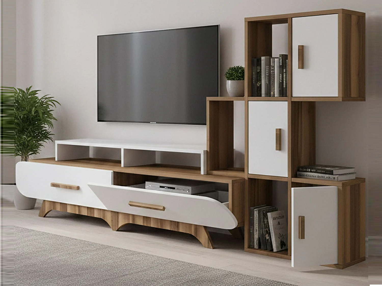 Wohnzimmermöbel Dporchi, Modulares Wohnzimmerset, Mehrzweck-Wohnzimmermöbel, Moderner TV-Schrank, 205x37h50 cm, Walnuss und WeiÃŸ