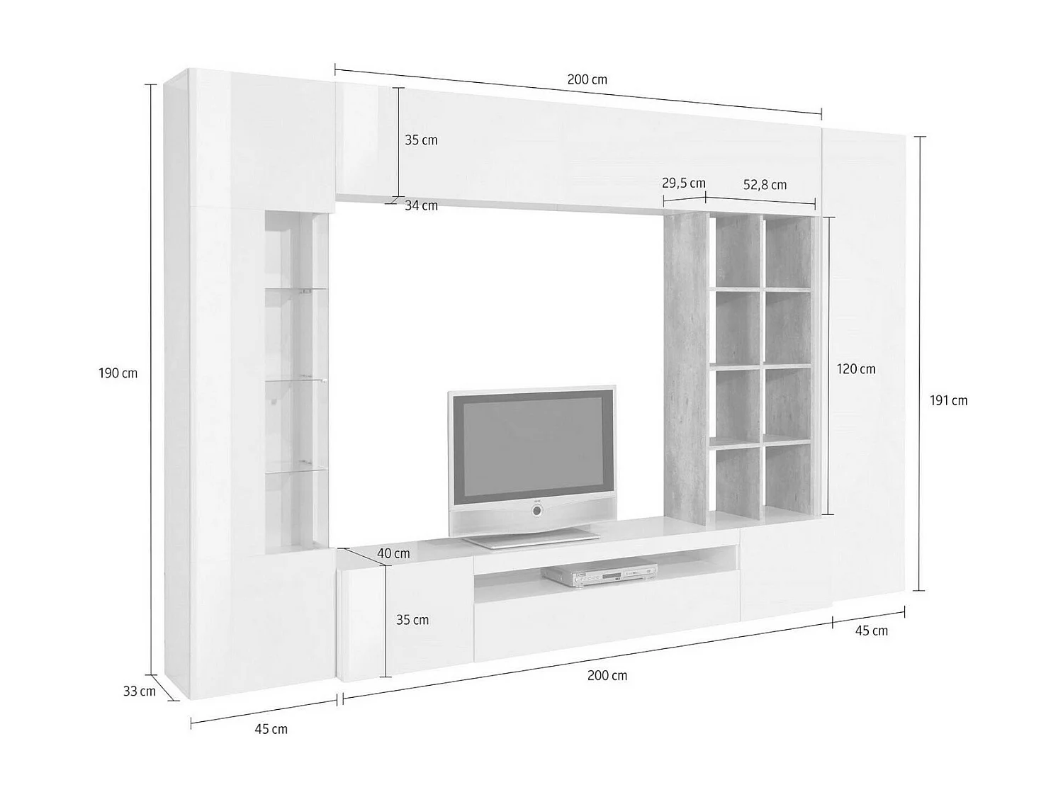 Wohnzimmermöbel Iago, TV-Ständer Wohnzimmer-Set, Mehrzweck-Wohnzimmermöbel, 100% Made in Italy, cm 290x40h192, glänzend weiÃŸ und Zement