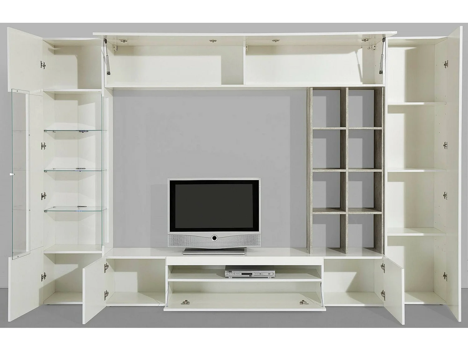 Móvel de parede Iago, móvel de sala de TV, móveis de sala multiuso, 100% fabricado na Itália, 290x40h192 cm, branco brilhante e concreto