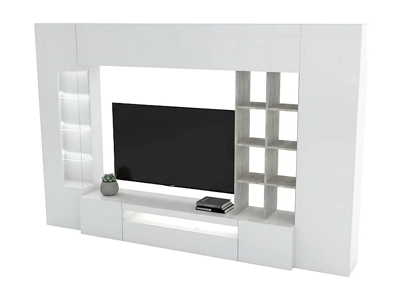 Pared Equipada Iago, Conjunto de salón con soporte TV, Mueble de salón polivalente, 100% Made in Italy, cm 290x40h192, Blanco brillo y Cemento