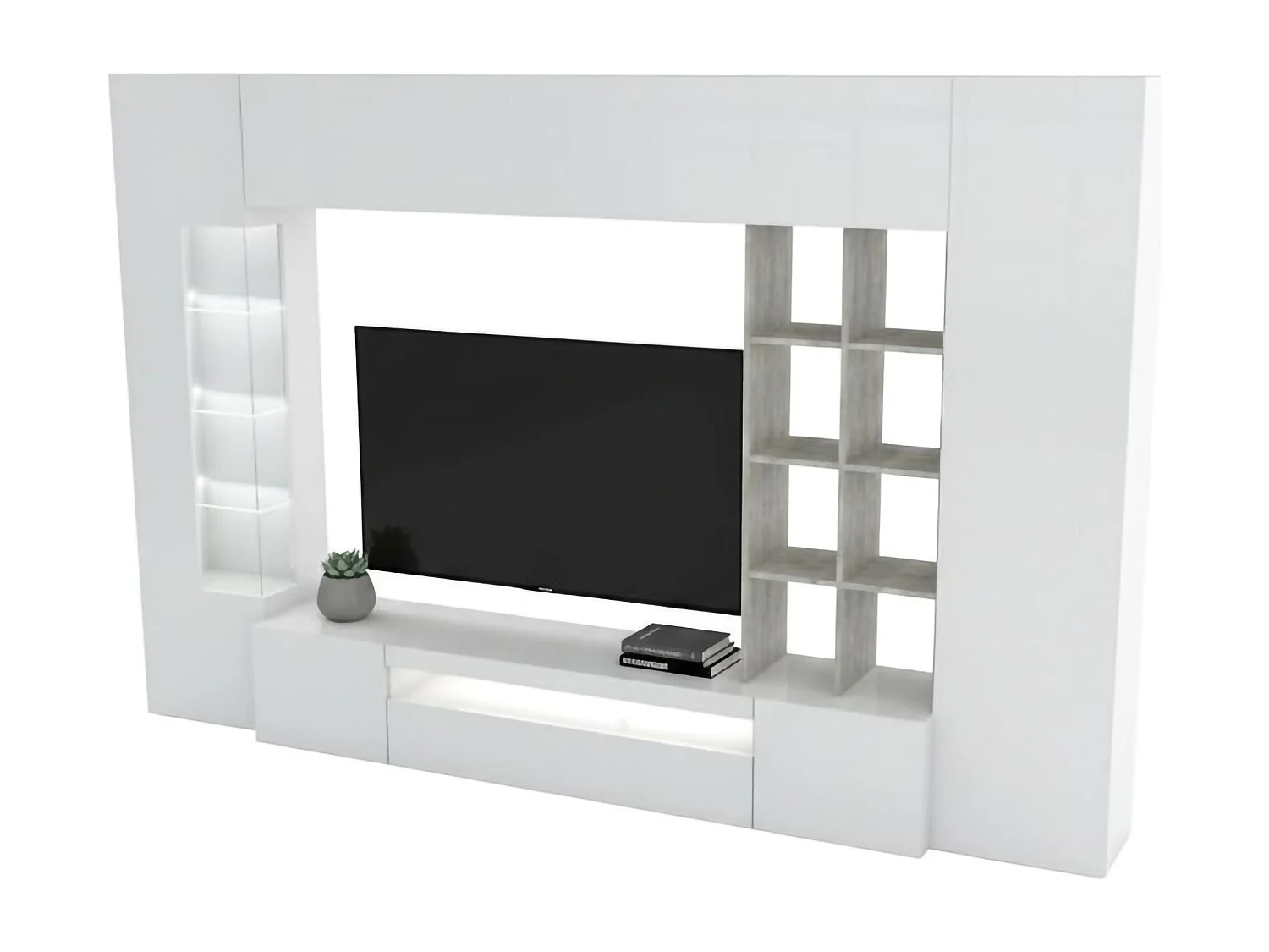 Dfazz wandsysteem, TV-meubel woonkamerset, Multifunctioneel woonkamermeubilair, 100% Made in Italy, 290x40h192 cm, Glanzend wit en beton
