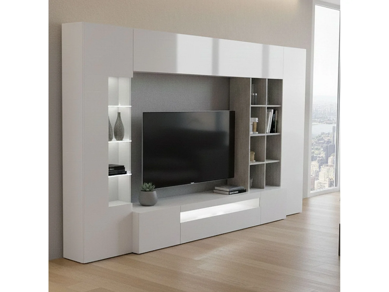 Dfazz wandsysteem, TV-meubel woonkamerset, Multifunctioneel woonkamermeubilair, 100% Made in Italy, 290x40h192 cm, Glanzend wit en beton