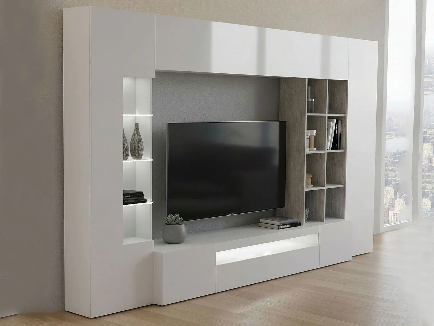 Unité murale Dfazz, ensemble de salon meuble TV, Meuble de salon polyvalent, 100% Made in Italy, 290x40h192 cm, Blanc brillant et béton