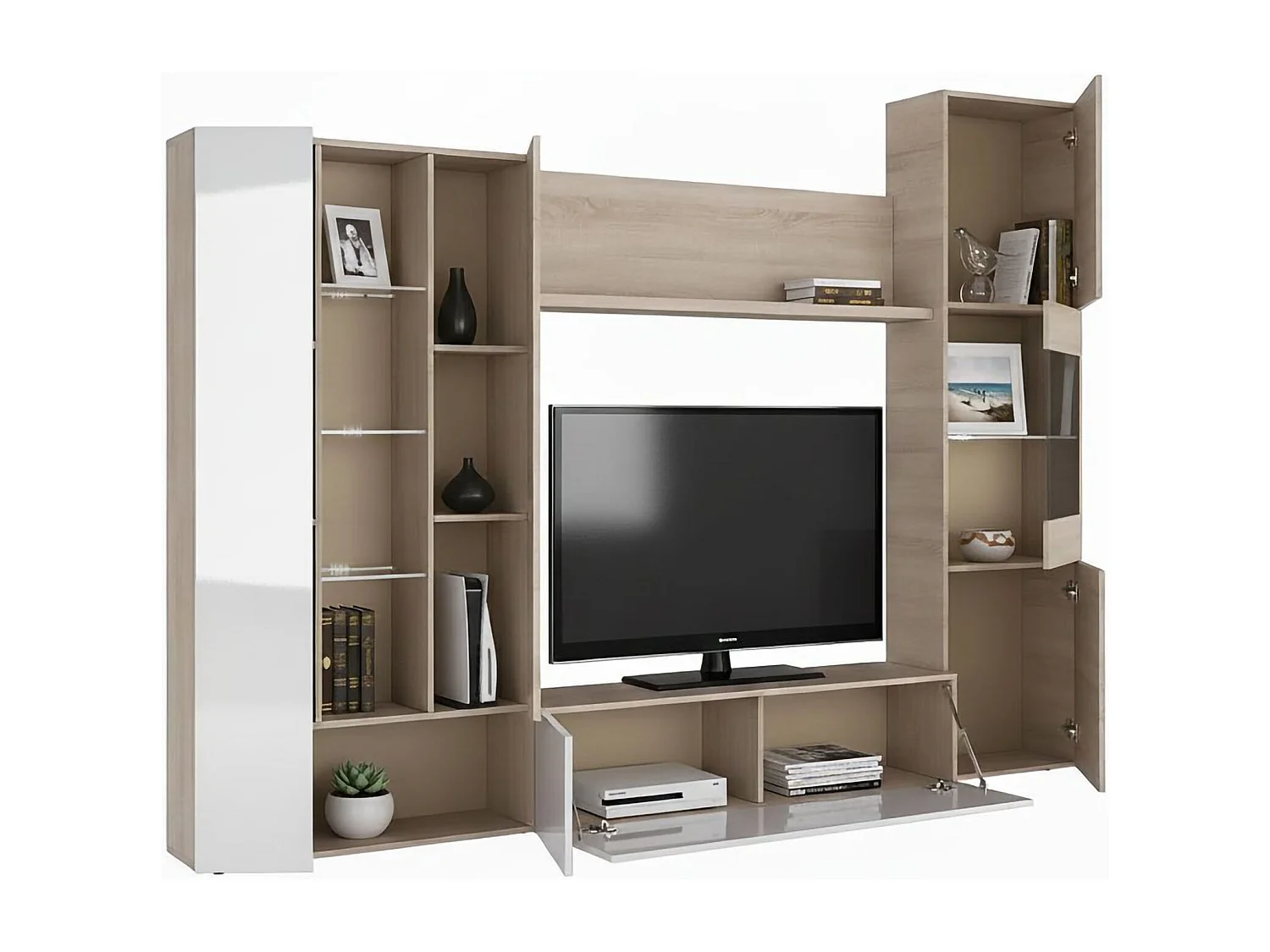 Système mural Dmaj, Meuble TV modulaire pour salon, Composition de salon avec éléments muraux et vitrines et lumière LED, 260x42h185 cm, Chêne et Blanc