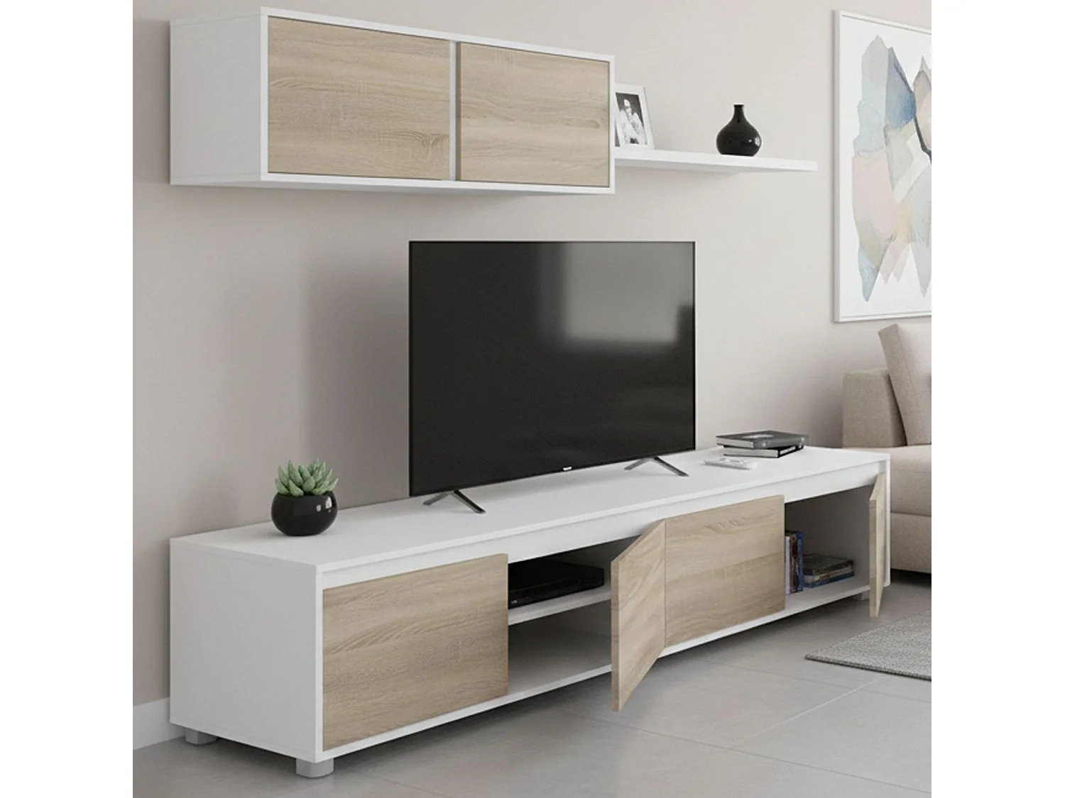 Einbaufertige Wand Savannah, TV-Ständer für Wohnzimmer, Zusammensetzung des Wohnzimmersets, Wohnzimmergarnitur mit Schrankwand, 200x41h43 cm, WeiÃŸ und Eiche