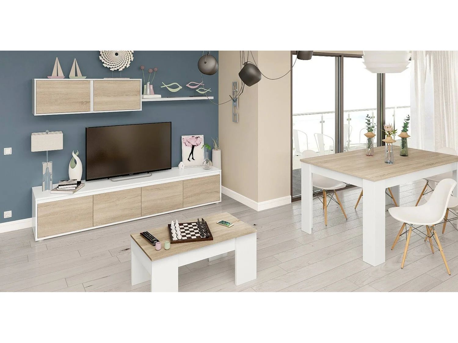 Sistema de parede Savannah, móvel de sala de TV, composição de conjunto de sala, conjunto de sala com móvel de parede, 200x41h43 cm, Branco e Carvalho