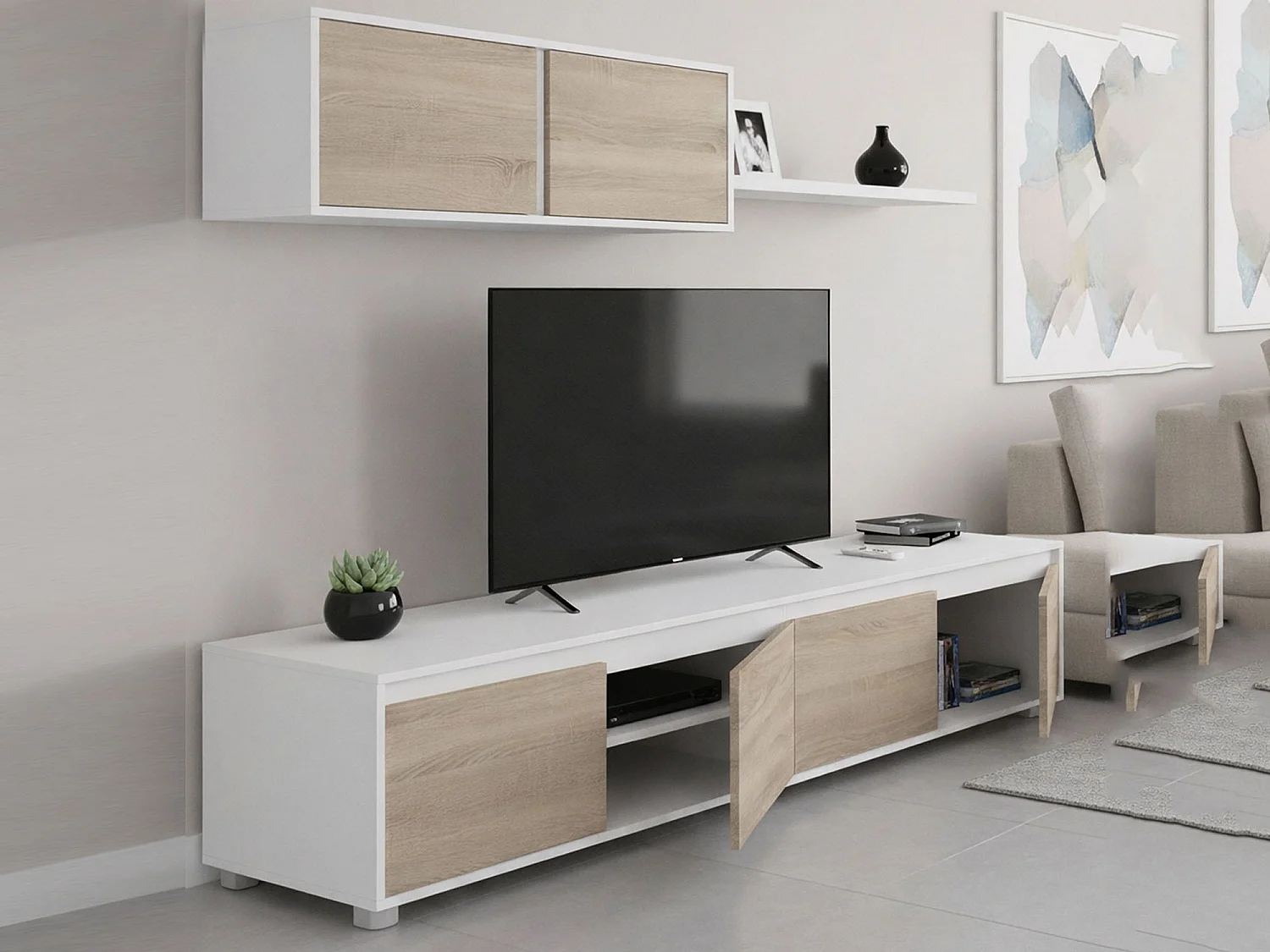Système mural Savannah, meuble TV meuble de salon, composition d'ensemble de salon, ensemble de salon avec élément mural, 200x41h43 cm, blanc et chêne