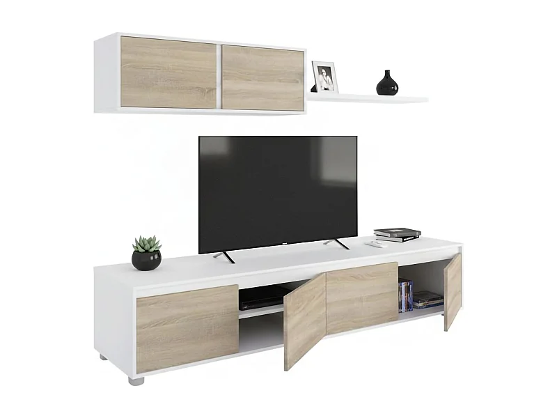 Einbaufertige Wand Savannah, TV-Ständer für Wohnzimmer, Zusammensetzung des Wohnzimmersets, Wohnzimmergarnitur mit Schrankwand, 200x41h43 cm, WeiÃŸ und Eiche