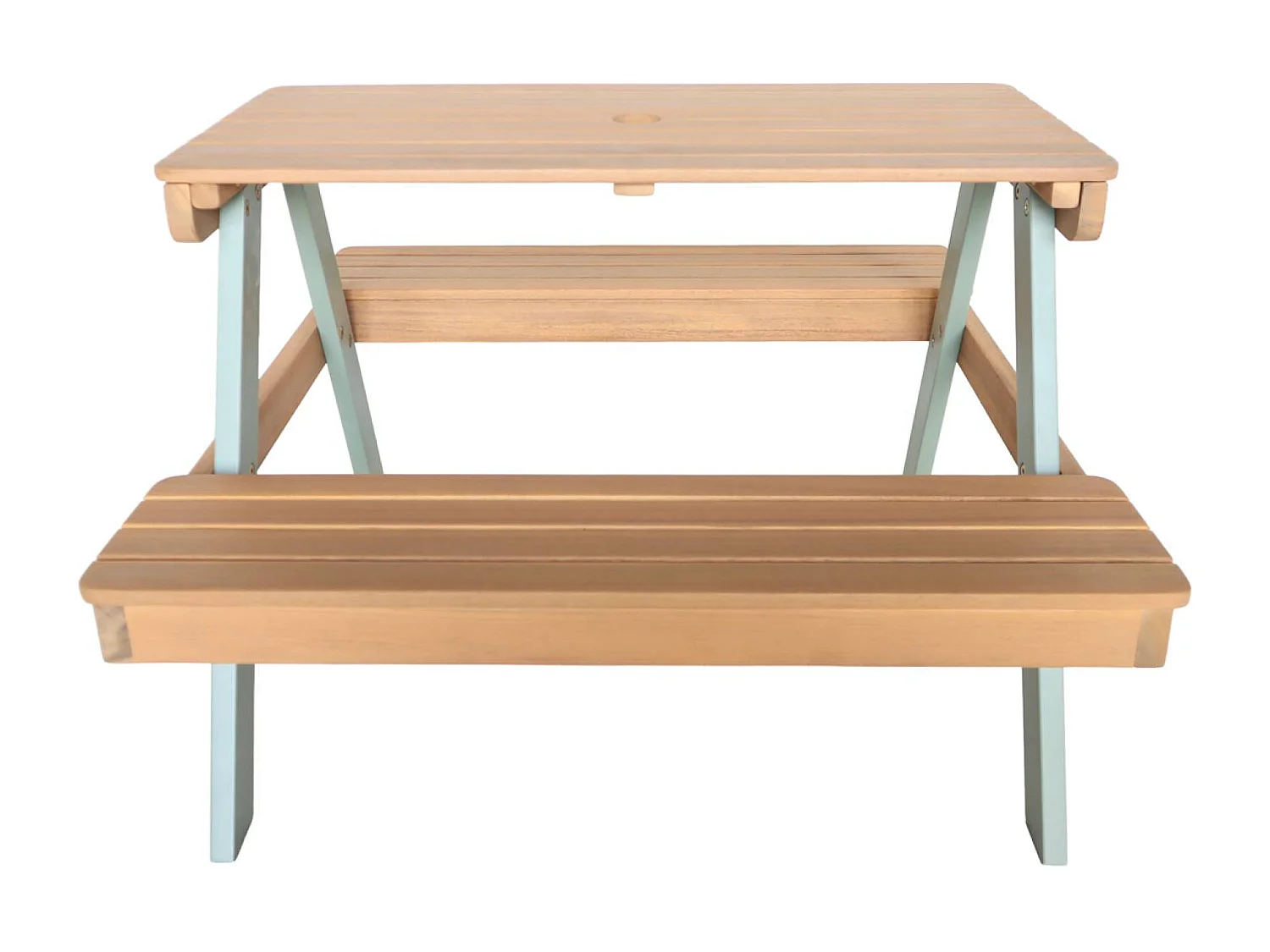 Table de pique-nique. salon de jardin enfant bois d'acacia + 2 places couleur teck clair et vert de gris