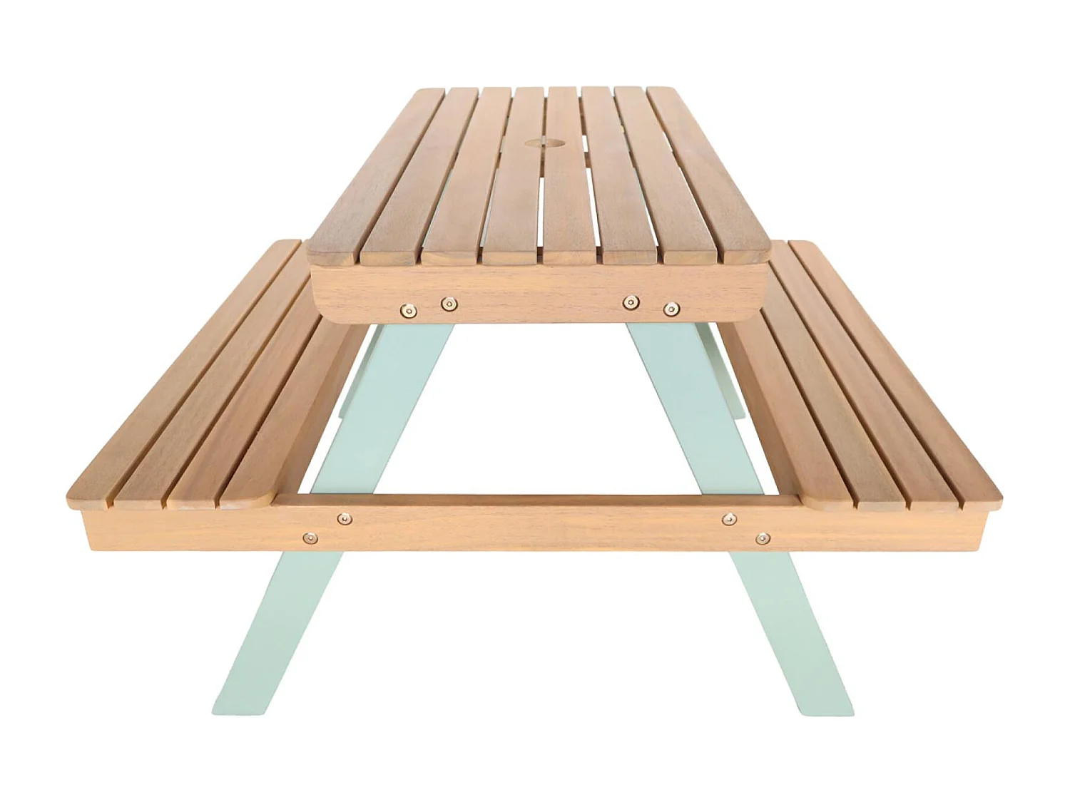 Table de pique-nique. salon de jardin enfant bois d'acacia + 2 places couleur teck clair et vert de gris