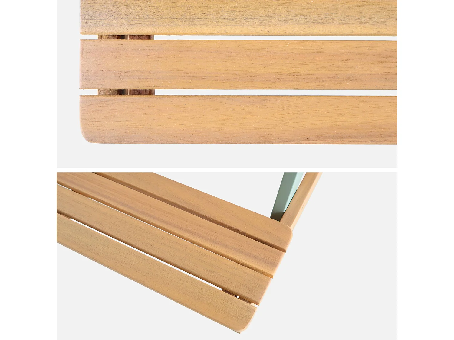 Table de pique-nique. salon de jardin enfant bois d'acacia + 2 places couleur teck clair et vert de gris