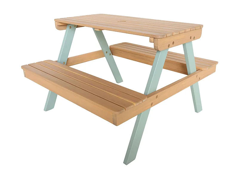 Table de pique-nique. salon de jardin enfant bois d'acacia + 2 places couleur teck clair et vert de gris