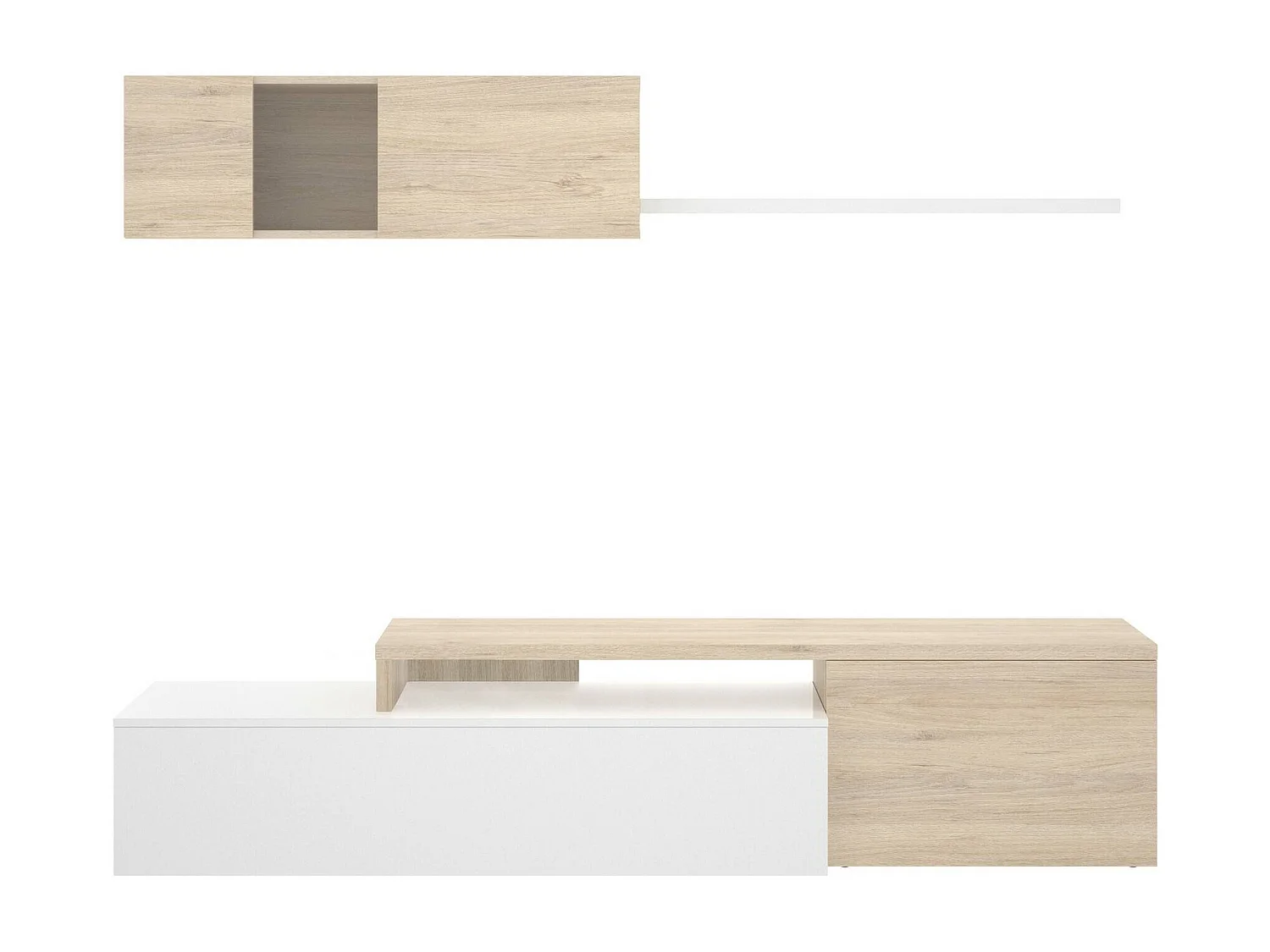 Système mural Dagnell, Ensemble de salon d'angle modulable, Meuble TV multi-positions, 201x41h180 cm, Blanc et Chêne