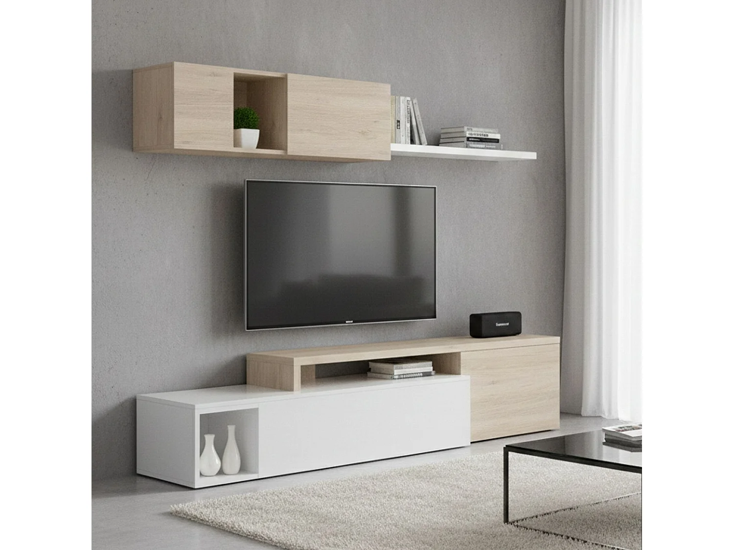 Système mural Dagnell, Ensemble de salon d'angle modulable, Meuble TV multi-positions, 201x41h180 cm, Blanc et Chêne