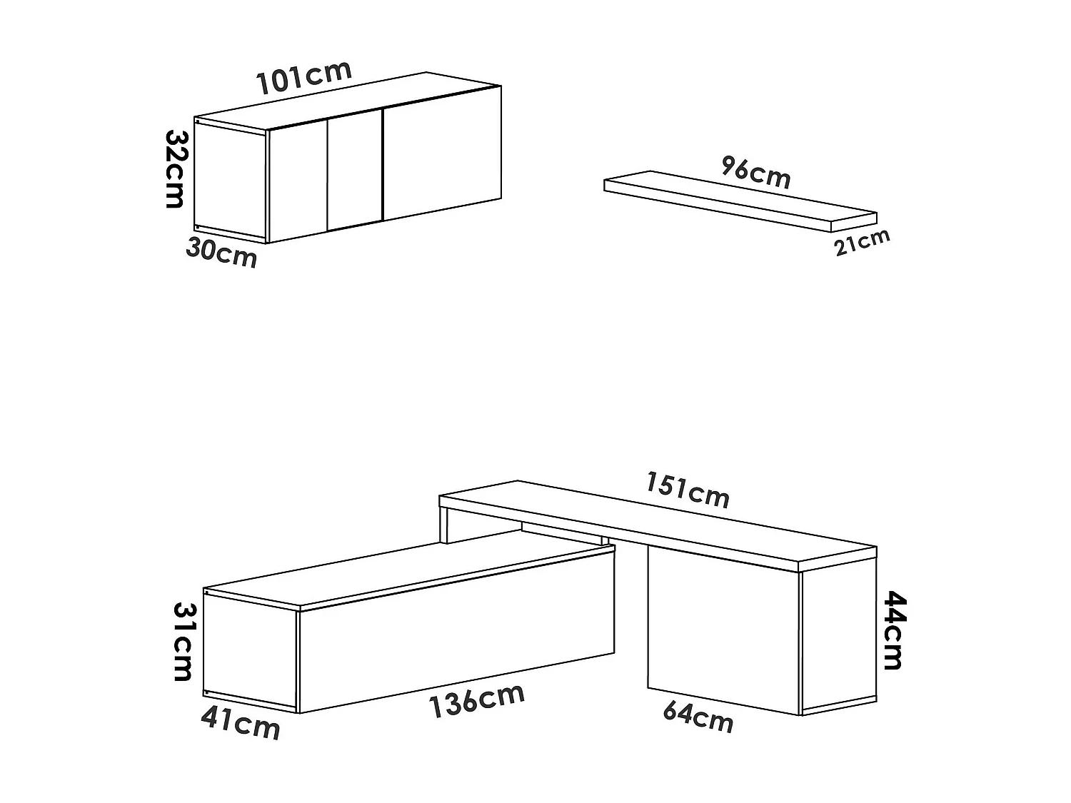 Système mural Dagnell, Ensemble de salon d'angle modulable, Meuble TV multi-positions, 201x41h180 cm, Blanc et Chêne