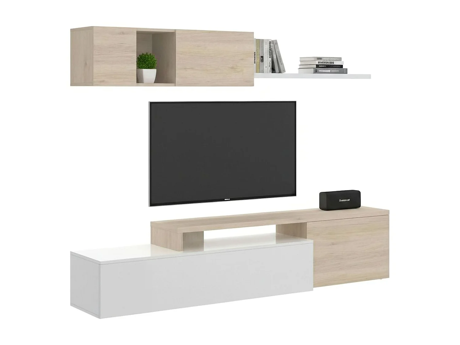 Système mural Dagnell, Ensemble de salon d'angle modulable, Meuble TV multi-positions, 201x41h180 cm, Blanc et Chêne