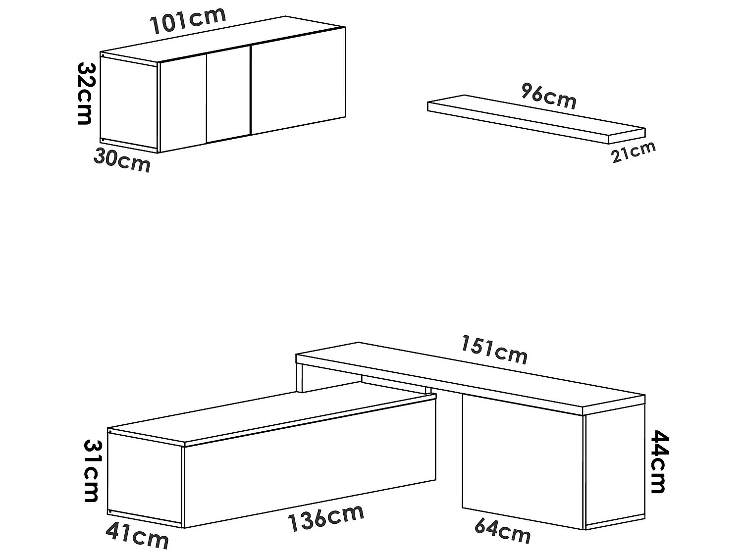 Dagnell wandsysteem, Modulaire hoekwoonkamerset, TV-meubel met meerdere posities, woonkamermeubel, 201x41h180 cm, Wit en Eiken