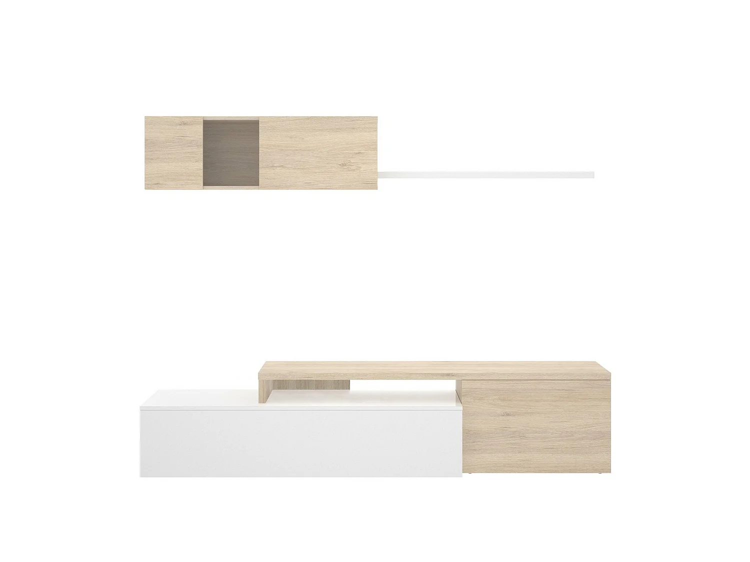 Dagnell wandsysteem, Modulaire hoekwoonkamerset, TV-meubel met meerdere posities, woonkamermeubel, 201x41h180 cm, Wit en Eiken