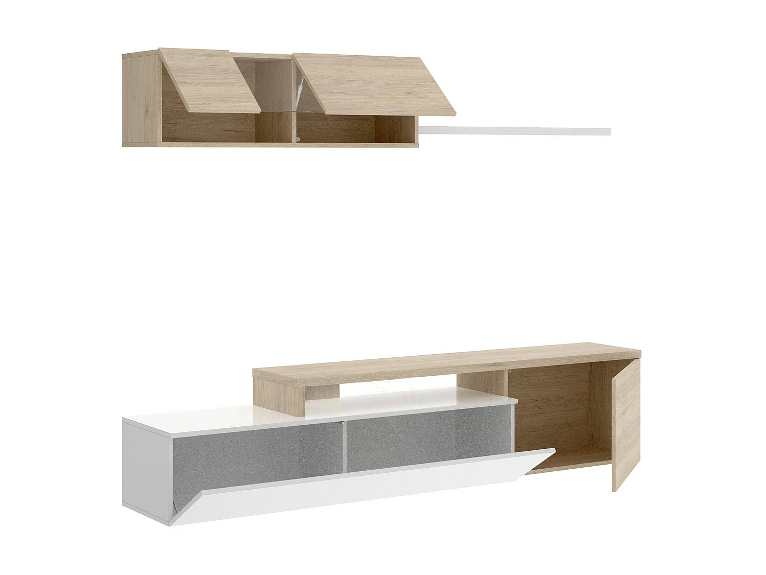 Système mural Dagnell, Ensemble de salon d'angle modulable, Meuble TV multi-positions, 201x41h180 cm, Blanc et Chêne