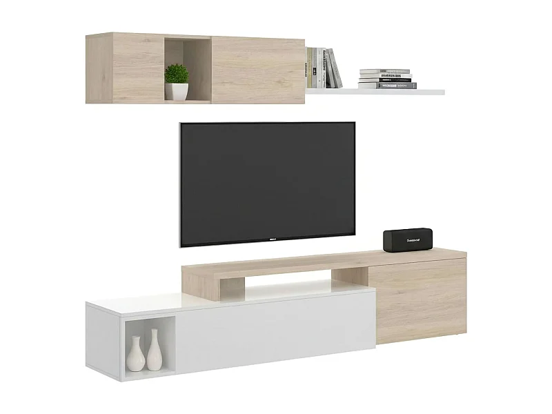 Dagnell wandsysteem, Modulaire hoekwoonkamerset, TV-meubel met meerdere posities, woonkamermeubel, 201x41h180 cm, Wit en Eiken