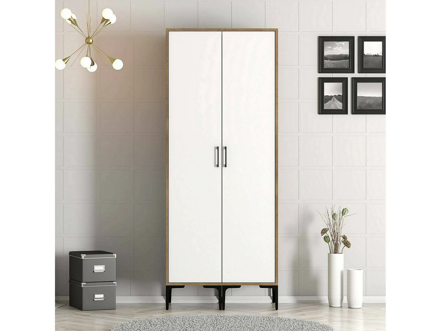 Kleiderschrank 2 Türen Dbonanse, Schlafzimmermöbel, Schrank, Garderobe, 80x201h48 cm, WeiÃŸ und Walnuss